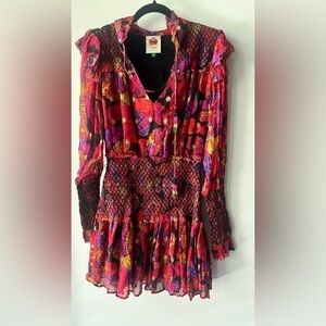 Farm Rio, Black Heart Daisy Smocked Mini Dress, Size XS. EUC. 605